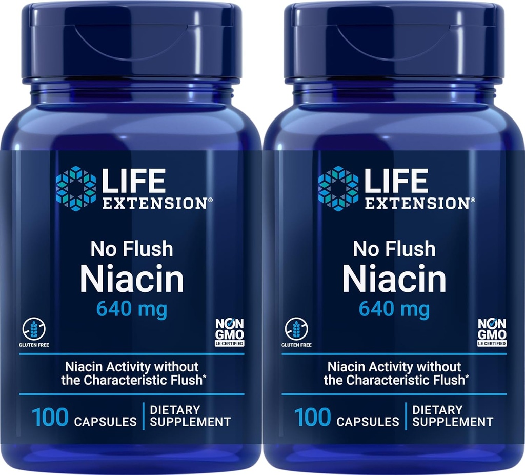 Livslengde Ingen Flush Niacin 640 mg, 100 kapsler (pakning på 2)