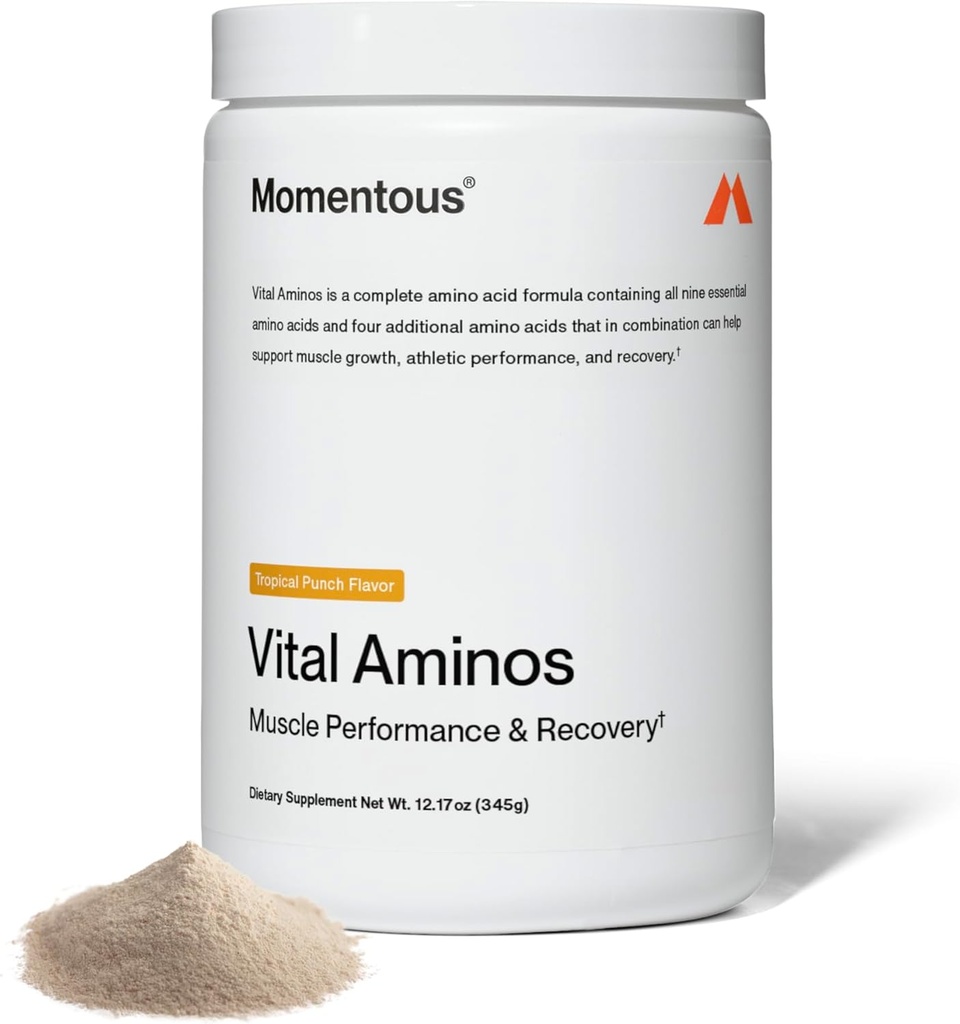 Momentous Vital Aminos Powder Supplement - BCAA & EAA - Tropical Punch - NSF Certified for Sport - GMo- & Gluten- Free - 30 Servings - Package May Vary