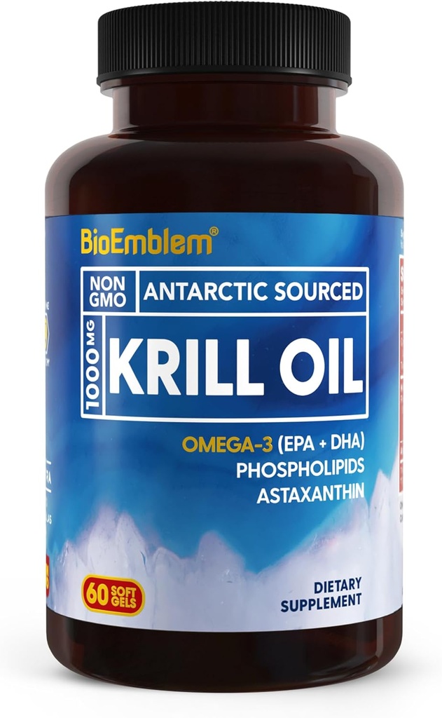 BioEmblem Antarktika krillõli lisand | 1000mg | Omega-3 õli kõrge EPA + DHA, astaksantiin ja fosfolipiidid | Kalade järelmaitse | 60-Count Non-GMO Softgels