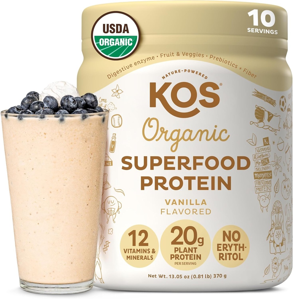 KOS Plant Based Proteine Powder, Vanilla USDA Organic - Low Carb Proteina Blend, Vegan Superfood bogat în vitamine și minerale - Keto, soia, lactate gratuit - Mese de schimb pentru femei și bărbați - 10 Serviri