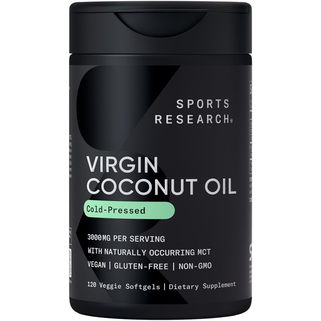 Sports Research® Organic Coconut Oil Capsules 3000MG - Cold Pressed Extra Virgin Coconut Oil with Medium Chain Triglycerides (MCTs) - Vegan Friendly & Non-GMO Verified - 120 Softgels