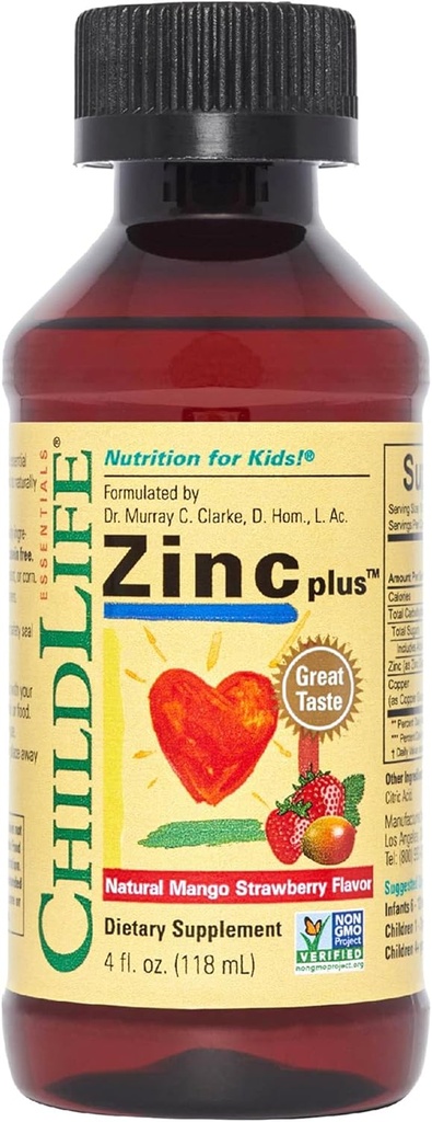 CHILDLIFEsS Liquid Zinc Plus Kids & Toddler-entzat - Liquid Supplement Drops, Zinc Gluconate & Copper for Immune Support - Mango Strawberry, 4 Fl Oz (1eko paketea)