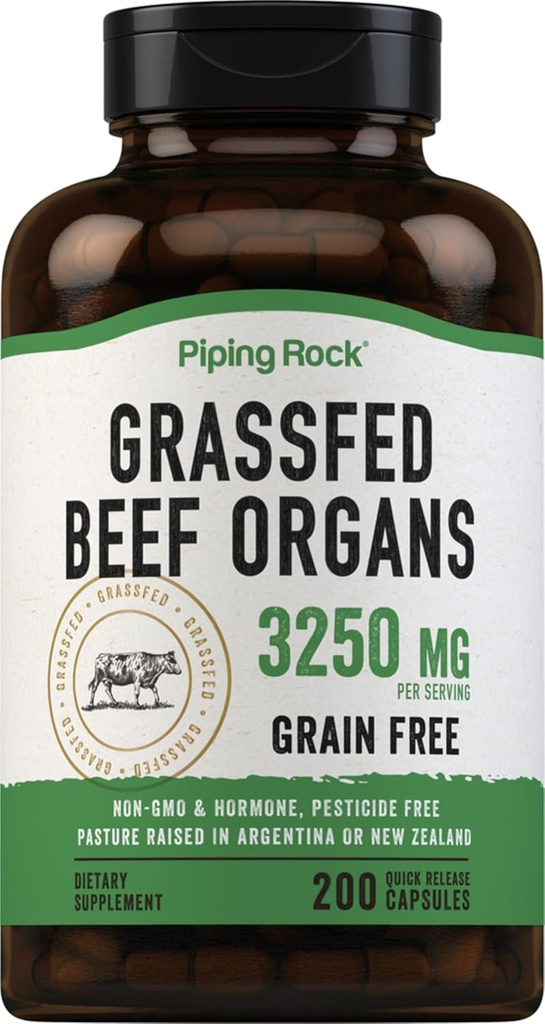 Órgãos de carne alimentados com tubagem rocha 3250 mg 200 Cápsulas Fígado, Rim, Pancreas, Coração, Suplemento de baço
