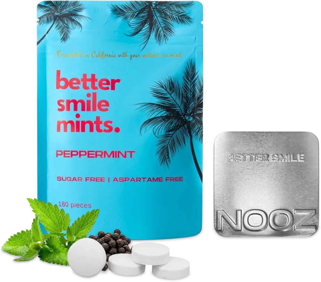 NOOZ Better Smile Mints – 180 Count | Oral Health & Fresh Breath Support | Gum & Teeth Care, pH Balance | Sugar-Free, Aspartame-Free s Peppermint Flavor | Includes Premium Refillable Tin
