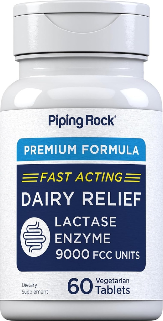 Piping Rock Dairy Relief Pills 9000 9000 FCC | 60 tabletti | Laktaasi Ensüümilisand | Taimetoitlane, mitte-GMO, Gluteenivaba
