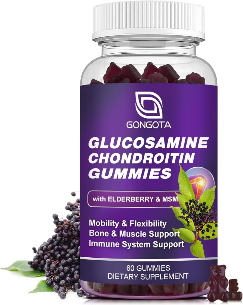 Glukozamina Gummies Chondroitin - 2- Pack, Dodatkowa moc 1500mg Glukozamina z MSM & Elderberry, Elastyczność Wsparcie, Najlepsza chrząstka i suplement immunologiczny dla mężczyzn i kobiet - 60count (1 Pack)