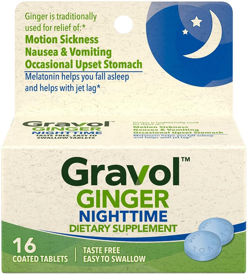Gravol Ginger Nighttime Tablets for Upset Stomach & Nausea, 16ct with Melatonin