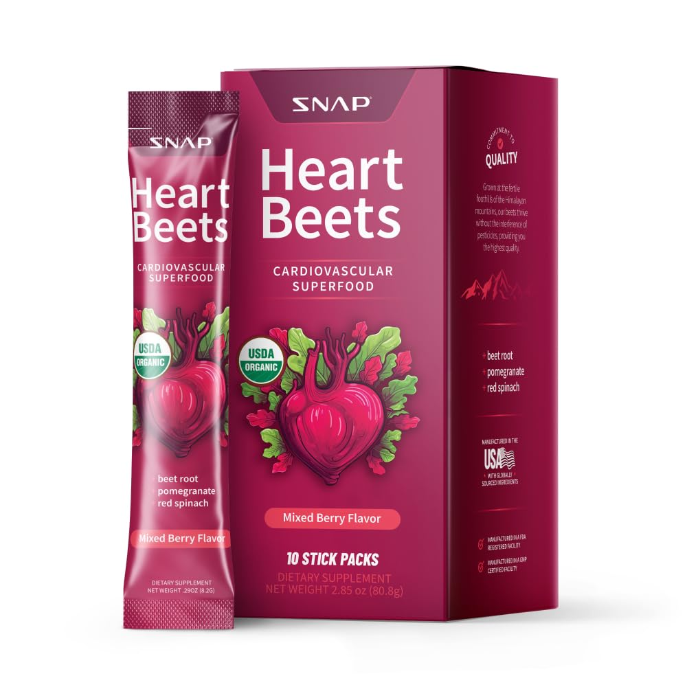 Snap Supplements Heart Beets Stick Packs, Organic Beet Root Powder Drink Mix, Cardiovascular Support for Men & Women, Beets, Pomegranate & Red Spinach, Nitric Oxide Booster, Mixed Berry, 10 Servings