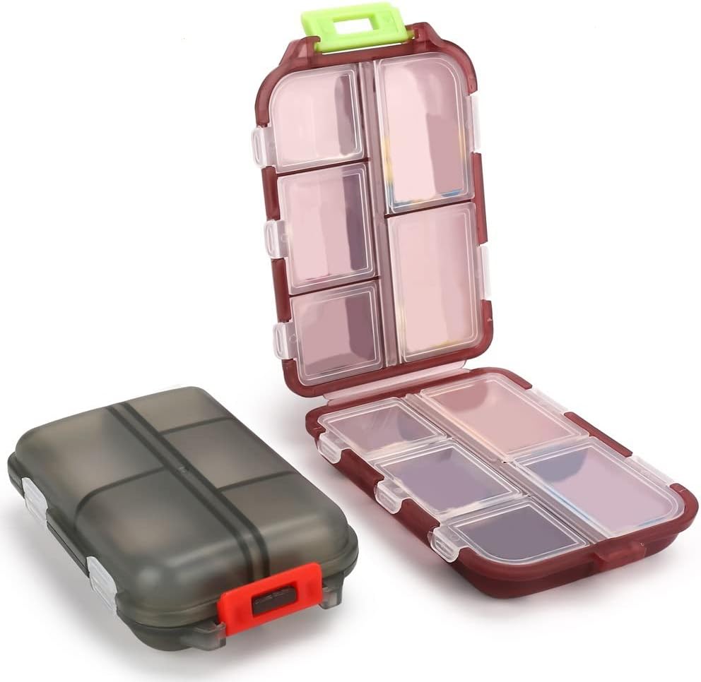 2PCS Travel Pill Organizer Box, Portable Pill Case, Pill Box Dispenser, 10 Medikuntza desberdinetarako osagaiak