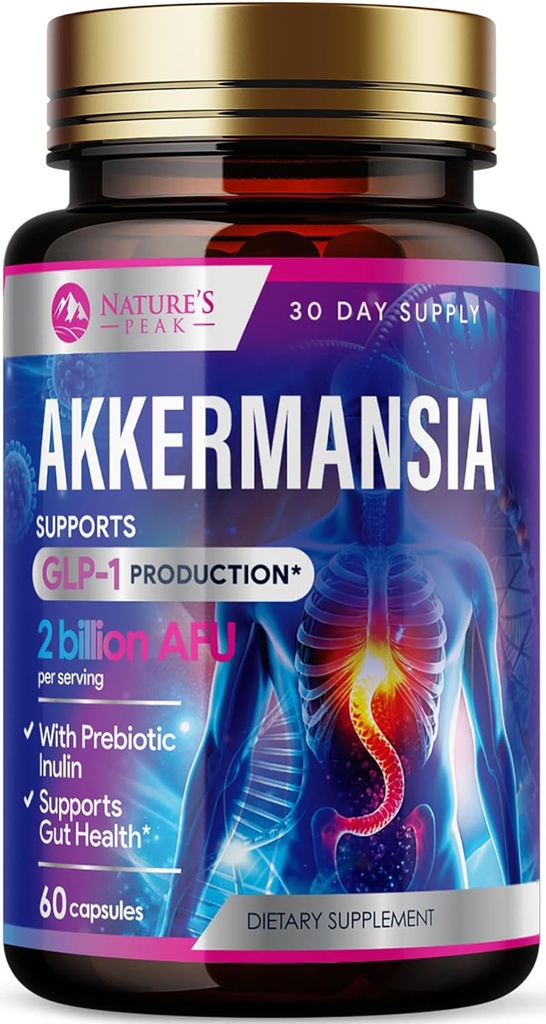 Akkermansia Probiotic Supplement - 2 Billion AFU GLP-1 Beilage mit Prebiotic Fiber - Akkermansia Muciniphila GLP-1 Probiotics for Women & Men - Digestive, Gut & Immune Support - 60 Kapseln