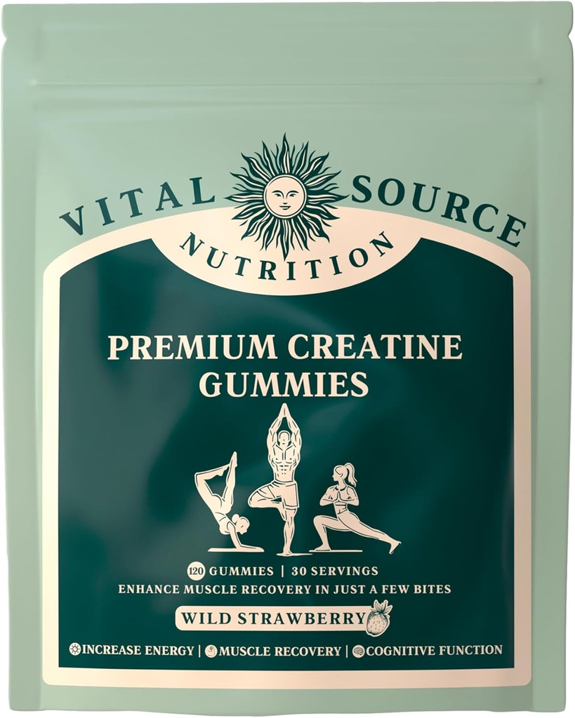 Vital Source Nutrition - Premium Creatine Gummies - Muscle Growth, Recovery & Energy Support - 5g Creatine Monohydrate - Vegan, Gluten-Free & Halal - Wild Strawberry - 120 Gummies - 30 Servings