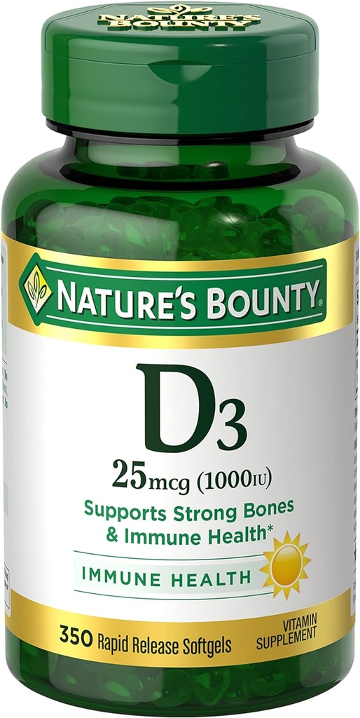 Nature 's Bounty Vtamin D3 1000 IU Softgel, Imune Dukungan, Promotes Healthy Bones, 1 Softgel per hari, Gluten Free, 350 Count