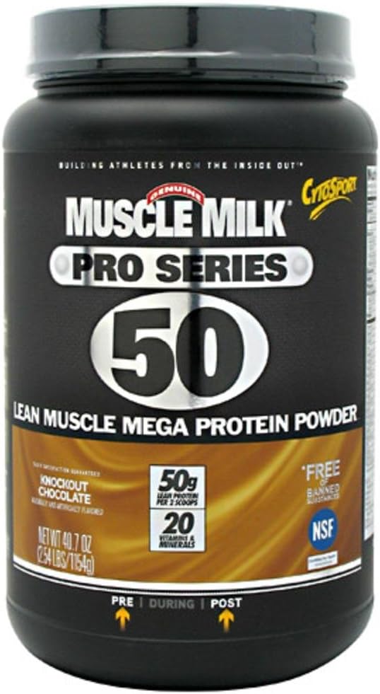 Muscle Milk Pro Series proteína Suplemento en po, chocolate knockout, 2.54 Pound, 14 porcións, 50g proteína, 3g azucre, 20 vitaminas e minerais, NSF certificado para o deporte, embalaxe pode variar