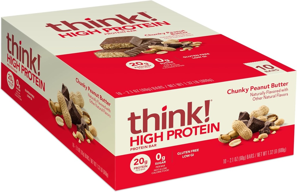 Ajattele! Proteiinipatukoita, runsaasti proteiinia sisältävät välipalat, gluteeniton, Kosher Friendly, Chunky Peanut Butter, Nutrition Bars, 2.1 Oz per Bar, 10 Count (Pakkaus toukokuussa Vary)