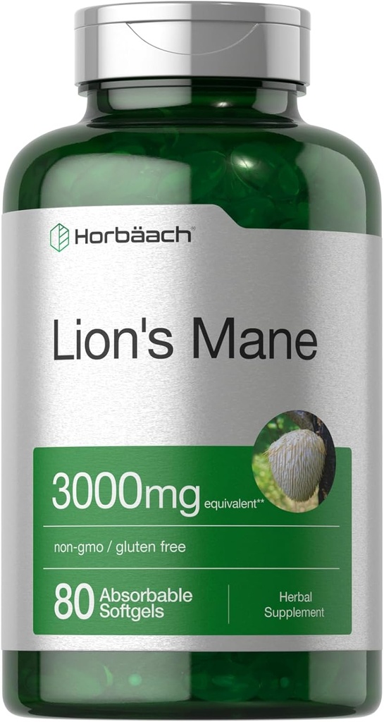 Horbäach Lions Mane Supplement | 3000mg | 80 Absorbierbare Softgele | Non-GMO & Gluten Free Extract
