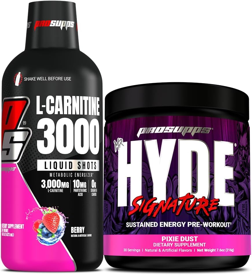 PROSUPPS L-Carnitine 3000 Stimulant Free Liquid Shots (31 Servings, Berry) y Mr. Hyde Signature Series Pre-Workout Energy Powdered Drink (30 Servings, Pixie Dust) Bundle