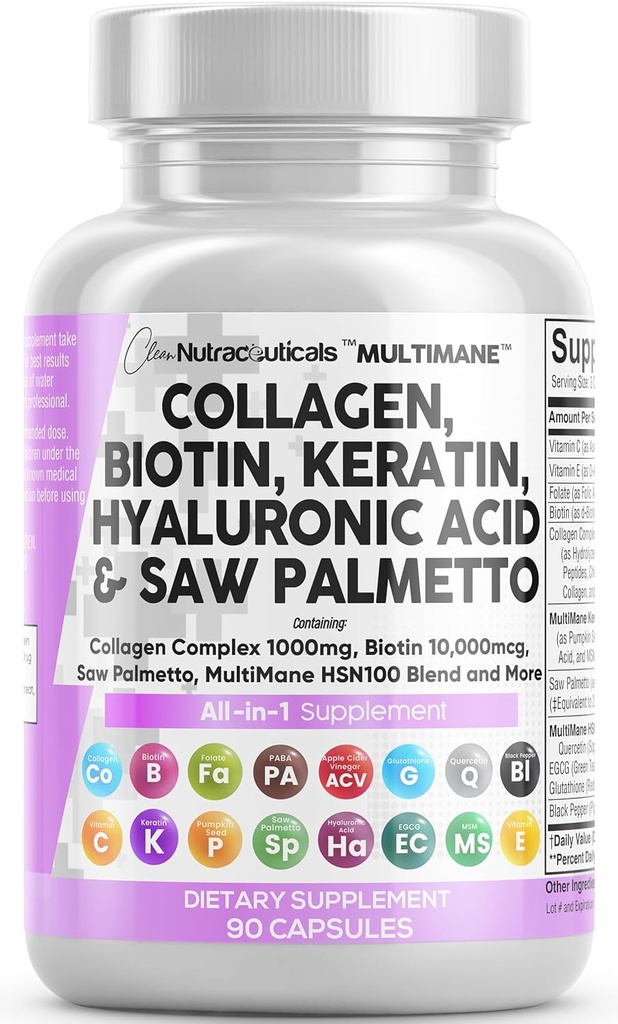 Rene nukleosteroider Collagen piller 1000mg Biotin 10000mcg Keratin Saw Palmetto Hyaluronic Acid - Hår Hud & Nails Vitaminer & DHT Blocker med vitamin E Folinsyre Pumpkin Seed MSM - 90 Greve