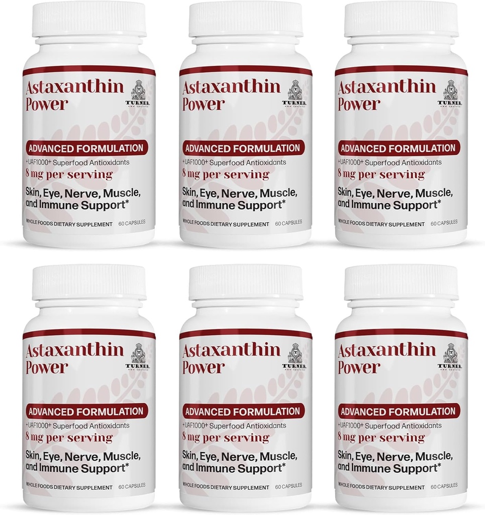 TURNER New Zealand Astaxanthin Power med UAF1000 +, Anti- Aging, Hud, Øje, Nerve, Muskel Inddrivelse, immunforsvar Antioxidant Supplement, 12mg Astaxanthin, 180 Servere, 6 flasker