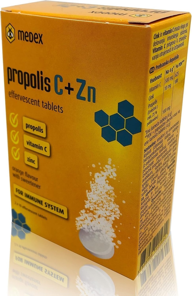MEDEX Natural Bee Propolis tabletter - Vitamin C med Zink Effervescent tabletter för underhåll av immunstöd extra försvarstillägg - 20 tabletter - 80 gm