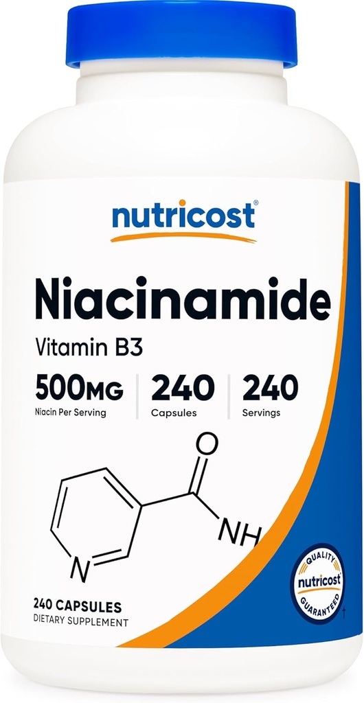Nutricost Niacinamīds (B3 vitamīns) 500 mg, 240 kapsulas - ne- GMO, bez lipekļa, bez pietvīkuma B3 vitamīns