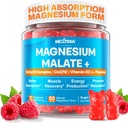 Magnesio Malate Energy Gummies Plus L-teanina, CoQ10, Methyl B12, Methylfolate, B6 & D3-400mg Magnesium Gummy Sugar Free for Women Men, Supporta la funzione muscolare, Calma & Relax, Vegan, 60 Cts