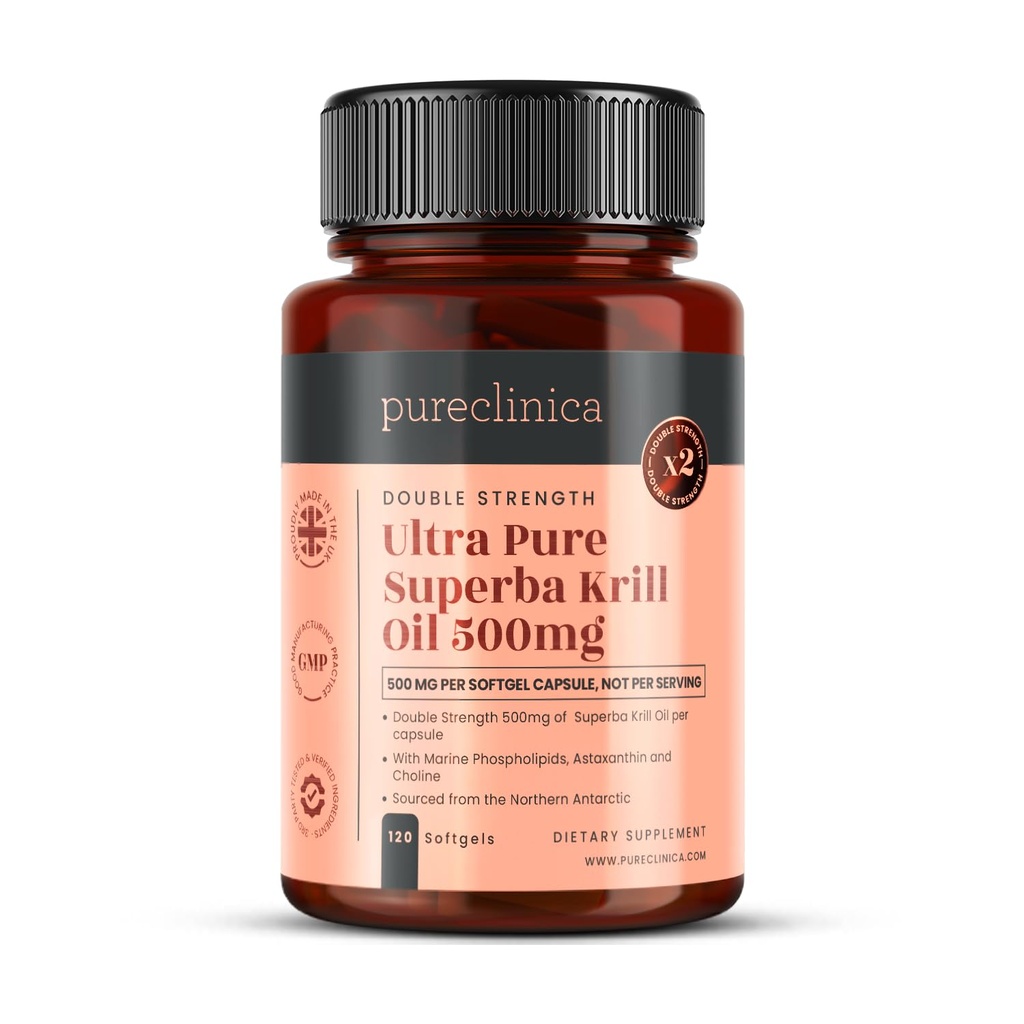 Ultra Pure Superba Krill Oil 500mg x 120 Capsules - Sourced in The Unpolluted Waters of Antarctic Providing a Rich Supply of Astaxanthin, Omega 3 and Vitamin D