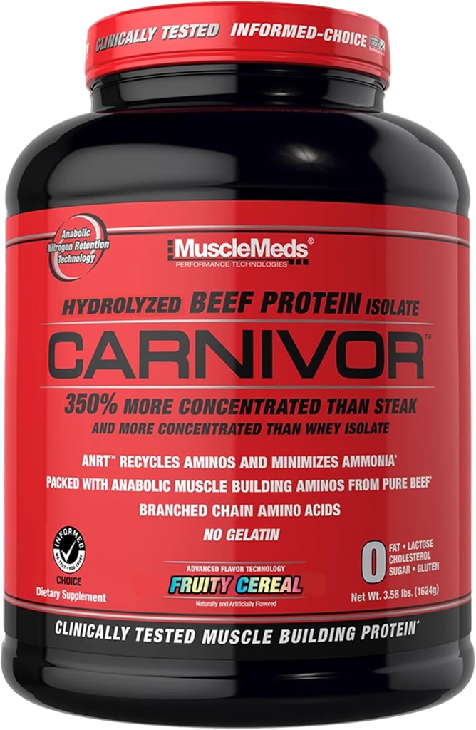 MuscleMeds CARNIVOR Beef Protein hauts isolatua, Muscle Building, Recovery, Lactose Free, Sugar Free, Fat, Free, 23g Protein, Fruity Cereal, 56 zerbitzari