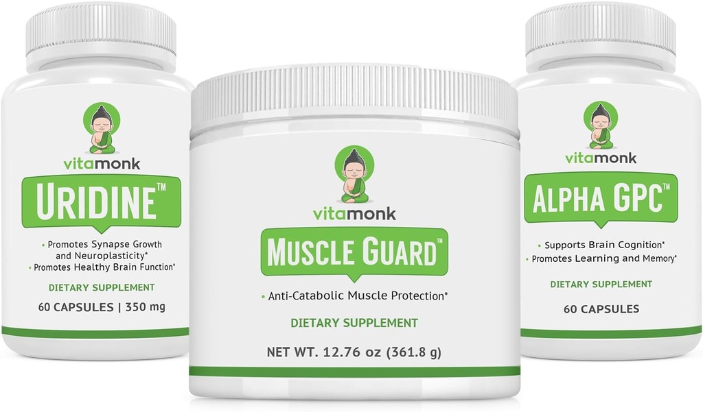 VitaMonk Muscle Guard & Alpha GPC Uridine Stack Bundle, HMB, EAAs, Vitamin D, Magnesium & Brain Support for Focus, Clarity, and Muscle Growth