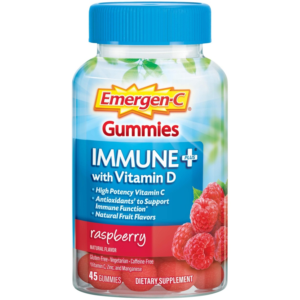 Emergen-C Immune+ Triple Action Immune Support Gummies, BetaVia (R), 1000mg Vitamin C, B Vitamins, Vitamin D and Antioxidants, Raspberry – 45 Count