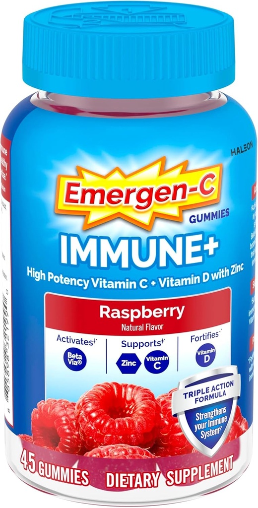 Emergen-C Imune+ Triple Action Imune Support Gumies, BetaVia (R), 1000mg Vitamin C, B Vitamini, Vitamin D in antioksidanti, Raspberry, Nazaj na šolo Essentials – 45 Count