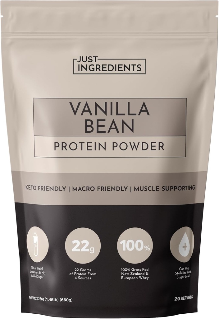 JUST INGREDIENTES Vanilla Bean Protein Powder – 20-Serving Mistura com 100% Whey-Fed Whey & Proteínas vegetais orgânicas – real Vanilla Bean & Cinnamon – Suporta recuperação muscular, energia*