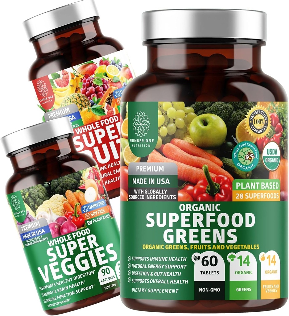 Number One Nutrition N1N Premium Superfood Greens [28 Kuat Ingrediens] dan Super Fruits & Veggies Suplemen [40 Whole Foods] - Lengkap Super Food Bundle, 2 Pack