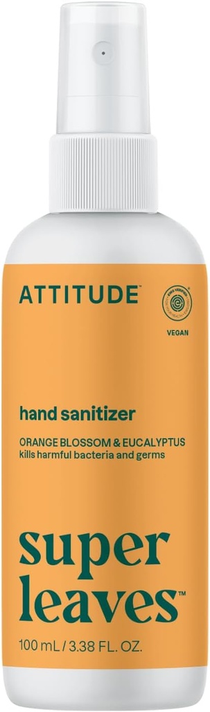 Spray de higienizador de mão ATTITUDE para adultos e crianças, EWG verificado, mata bactérias e germes, Vegan, flor laranja & eucalipto, 3.38 Fl Oz (garrafa de espuma)
