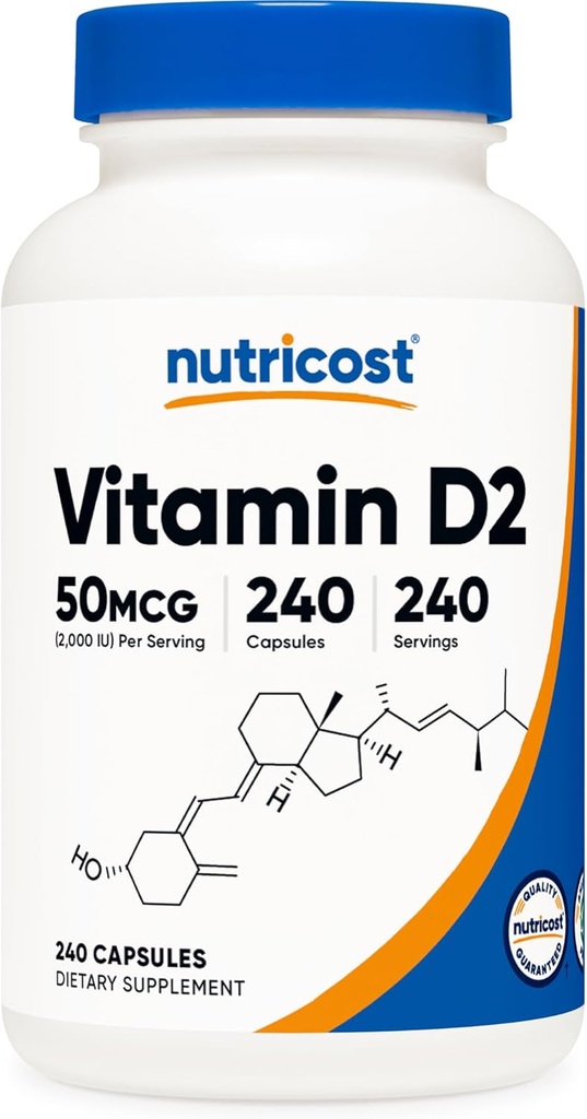 Nutricost Vitamin D2 Supplement (2000 IE) 240 Kapsler - Vegansk, ikke-GMO, Glutenfri, Tredjeparts testet