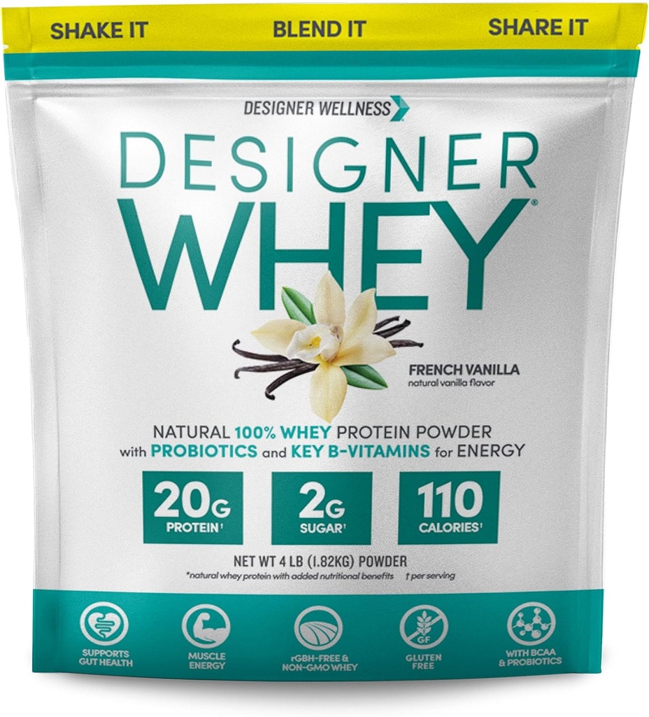 Designer Wellness, Designer Whey, naturlig när proteinpulver med probiotika, fiber och nyckelb-vitaminer för energi, glutenfri, fransk Vanilla, 4 lb