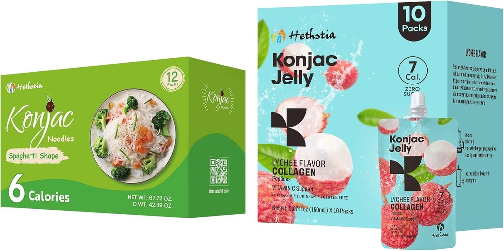 Hethstia Konjac Jelly Lychee Flavor with Collagen Peptides 10 Packs y Konjac Spaghetti Gluten Gratis 12 Packs Low Calorie, Keto, Sugar Free, Healthy Food