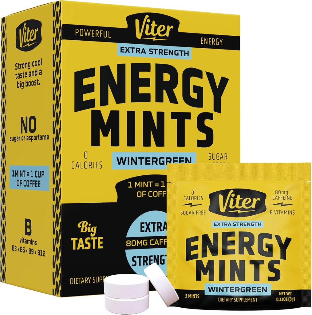 Viter Energy Caffeine Mints 80mg Força Extra - 90 Peças Cafeinadas com vitaminas B. Açúcar livre Vegan Breath Mint. Energizar Nootropic Focus Booster para alerta rápido (Flavor de Inverno, 30 Pack)