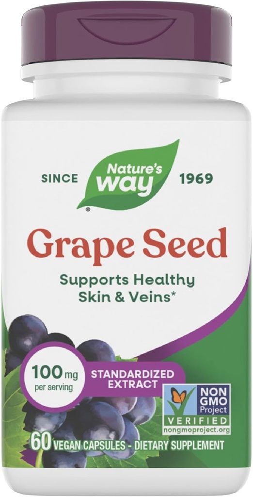 Nature's Way Grape Seed Standardized Extract, tukee terve iho ja veins*, antioksidantti tuki*, ei-GMO-projekti todennettu, 60 vegaaninen kapselit (Pakkaus toukokuussa Vary)