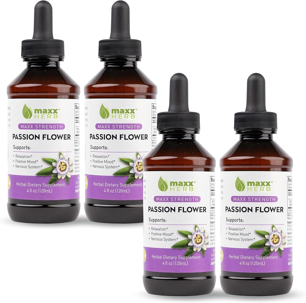 Maxx Herb Passion Flower Extract - Max Strength Passion-kukkia neste Absorbs Parempi kuin kapselit, rentoutumista ja stressi helpotusta, alkoholitonta - 4 pulloa, 4 Oz Each (240 tarjoilua)