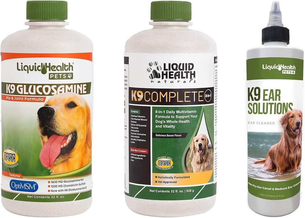 LIQUIDHEAALTH 宠物 K9 Glucosamine Hip & Joint Formulament, K9 Ear Washing cleaning Solutions, & K9 完成 8-in-1 Dog 多维他命 - Pet Vitamin Bundle for Joint Health, 流动性,免疫支持 - 在美国制造