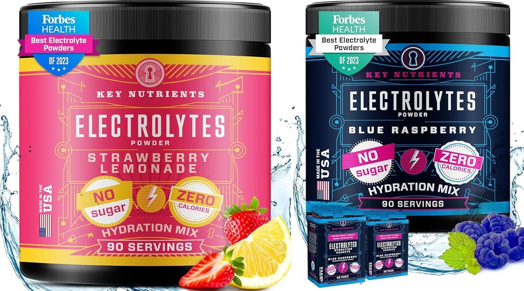 KEY NUTRIENTS אבקת hydrotion האולטימטיבית ו-Everything Bundle - גוסי סטרוברי Lemonade & Sweet Blue Raspberry Electrolyte אבקות - Zero Sugar, Keto-Friendly, 90 משרת כל אחד
