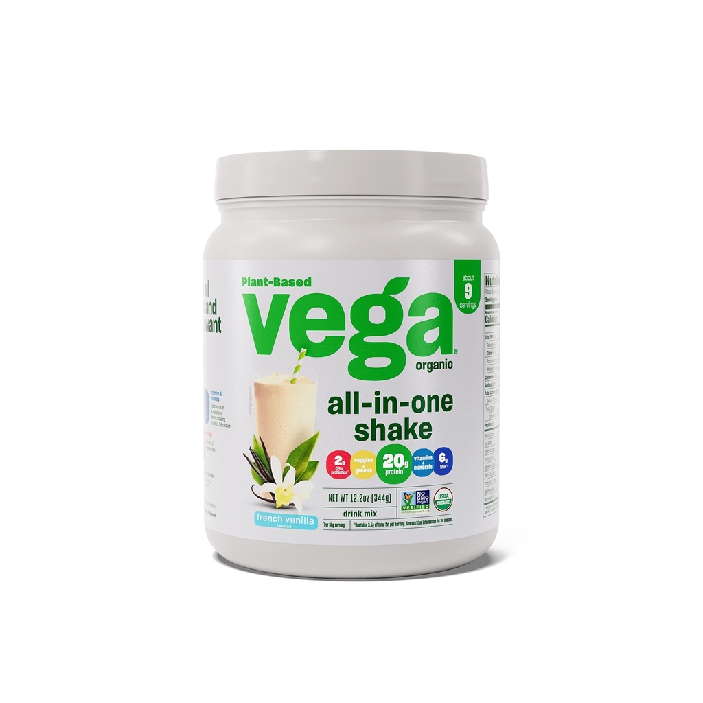 Vega All-in-One Nutrition Organic Vegan Protein Powder – French Vanilla, 20g Protein Meal Replacement Shake – 12.2 oz (9 Servings)