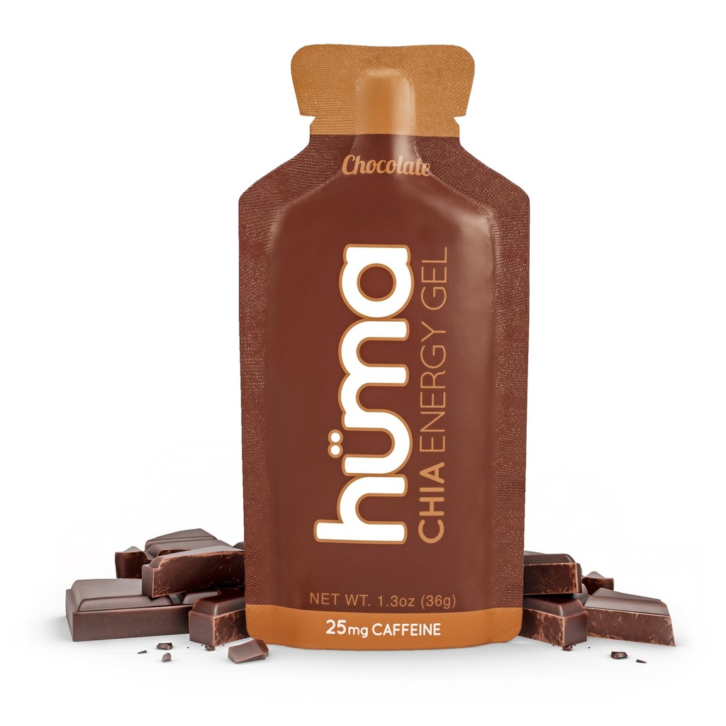 Huma Chia Energy Gel, Chocolate, 12 Gels, 25mg Caffeine | Real Food, Stomach Friendly Energy Gels