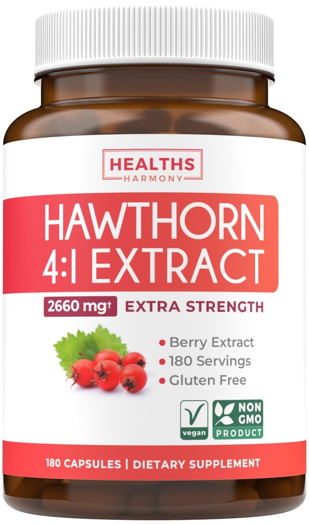 Super Potent Hawthorn Berry Capsules - Hawthorn Berry 4:1 Extract (Berries) 665mg Supplement Made from Concentrate to Support Heart and Digestive Health - Vegan Non-GMO & Gluten Free (6 Month Supply)