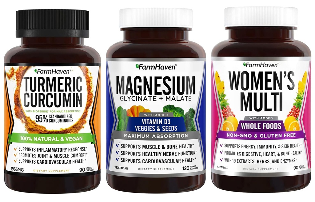 FarmHaven Magnesium + Multivitamin for Women + Turmeric Curcumin with BioPerine Black Pepper
