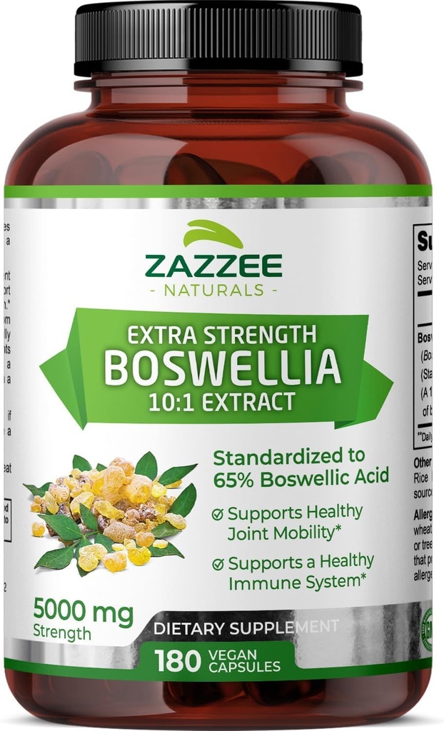 Zazzee Extra Strength Boswellia Serrata 10: 1 Extract, 5000 mg Strength, 65% Boswellic Acid, 180 Vegan Kapsle, 6 Month Supply, Standardizované 10X High Potency, 100% Vegetarian, All- Natural, Non- GMO