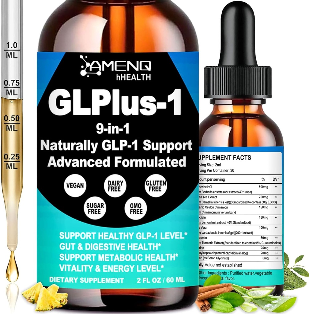 GLP-1 Kadınlar ve Erkekler için Tamam, 9-in-1 Doğal GLP-1 Destek w. Berberine HCI Cyelon Cinnamon Green Tea Eriocitrin, GLP1 for Gut Digestion Metabolic, GLP-1 Drops 6X Güçlü
