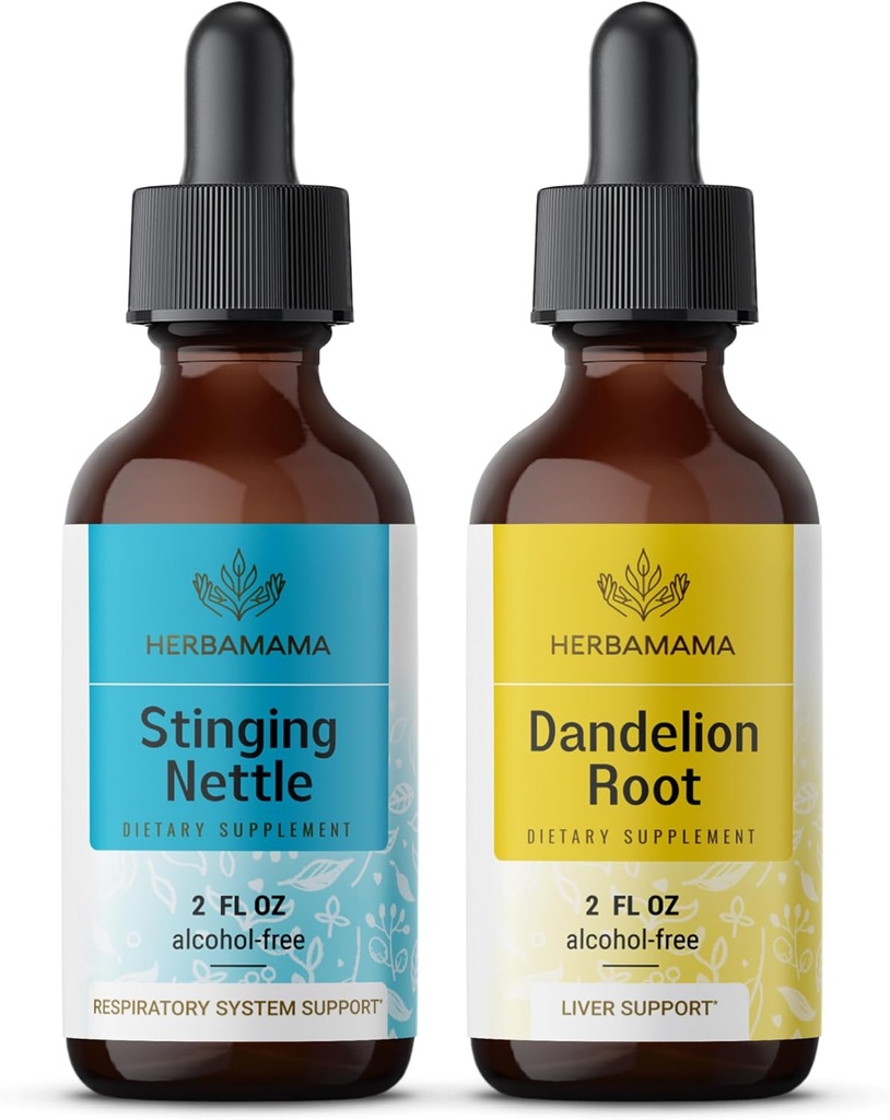 HERBAMAMA Herbal Liquid Drops Kit - Bundle of Stinging Nettle & Dandelion Root Tinctuur 2 fl oz - Vegan, Non-GMO, Sugar & Alcohol-Free - 2 Pack