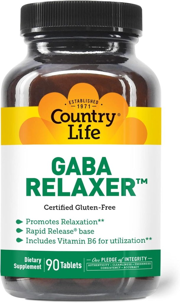 Country Life GABA Relaxer – 90 tabletes ; Rapid Release Formula Relaxation, Stress & Miega atbalsts ; ar GABA, Aminoskābes & B Vitamīni ; Sertificēts Vegan, bez lipekļa, ne-GMO