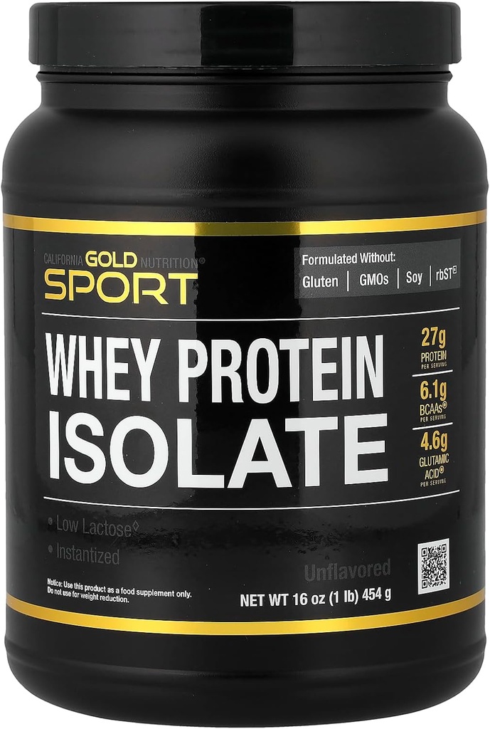 California Gold Nutrition Sport, Whey Protein Isolate, Uslavored, 1 lb (454 g)